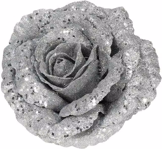 Kingsbury Gifts Artificial Glitter Rose Head with Clip in Silver