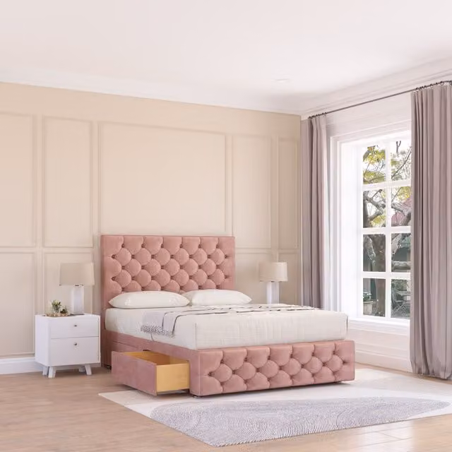 Sloomy Watson King Size Pink Velvet Chesterfield Divan Bed Base with 2 Drawers and Headboard W/D/H: 180 x 200 cm