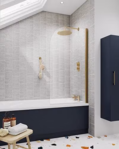nuie NSS18 Pacific Modern Round Shower Bath Screen, 6mm Toughened Safety Glass, Gold, W: 143.5 cm, H: 78.5 cm – 2