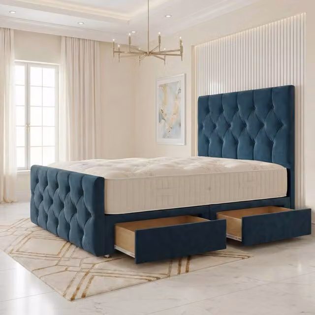 Somnior Ziggy Velvet Divan Bed with 2 Drawers, Headboard and Footboard, Blue, W/D/H: 120 x 200 cm