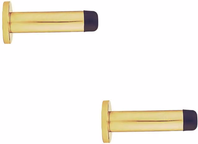 Loops 2x Rubber Tipped Cylinder Doorstops with Rose Wall Mount, 70mm, Polished Brass