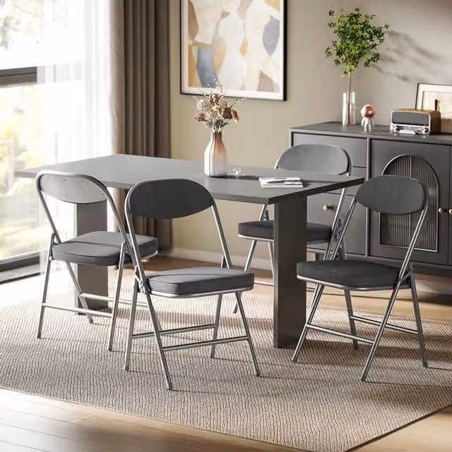 HOMCOM Set of 4 Folding Chairs with Cushioned Fabric Seats and Steel Frame in Dark Grey