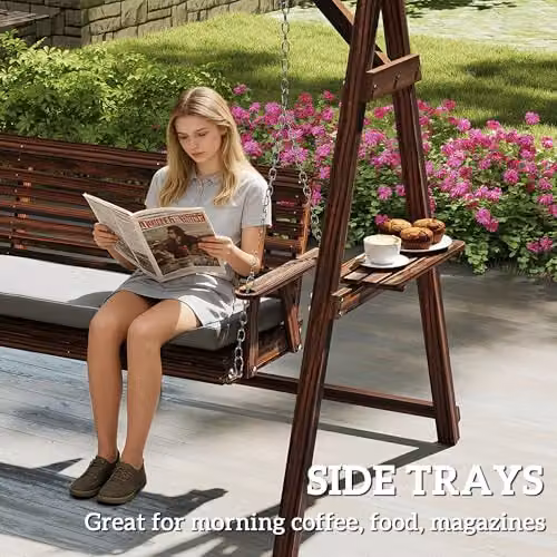 Outsunny 3 Seater Wooden Garden Swing Seat with Cushions and Side Trays in Grey or Brown – 5