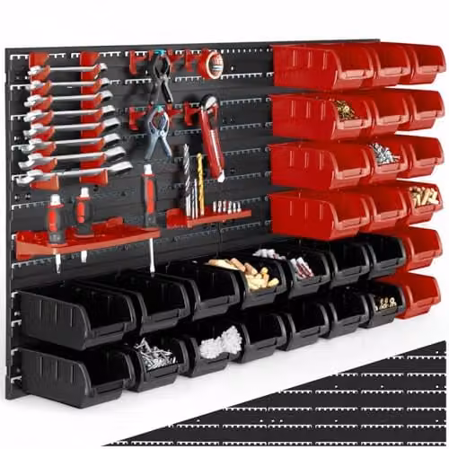 tectake 44 Piece Wall-Mounted Tool Storage Organiser with 28 Parts Boxes in Black and Red