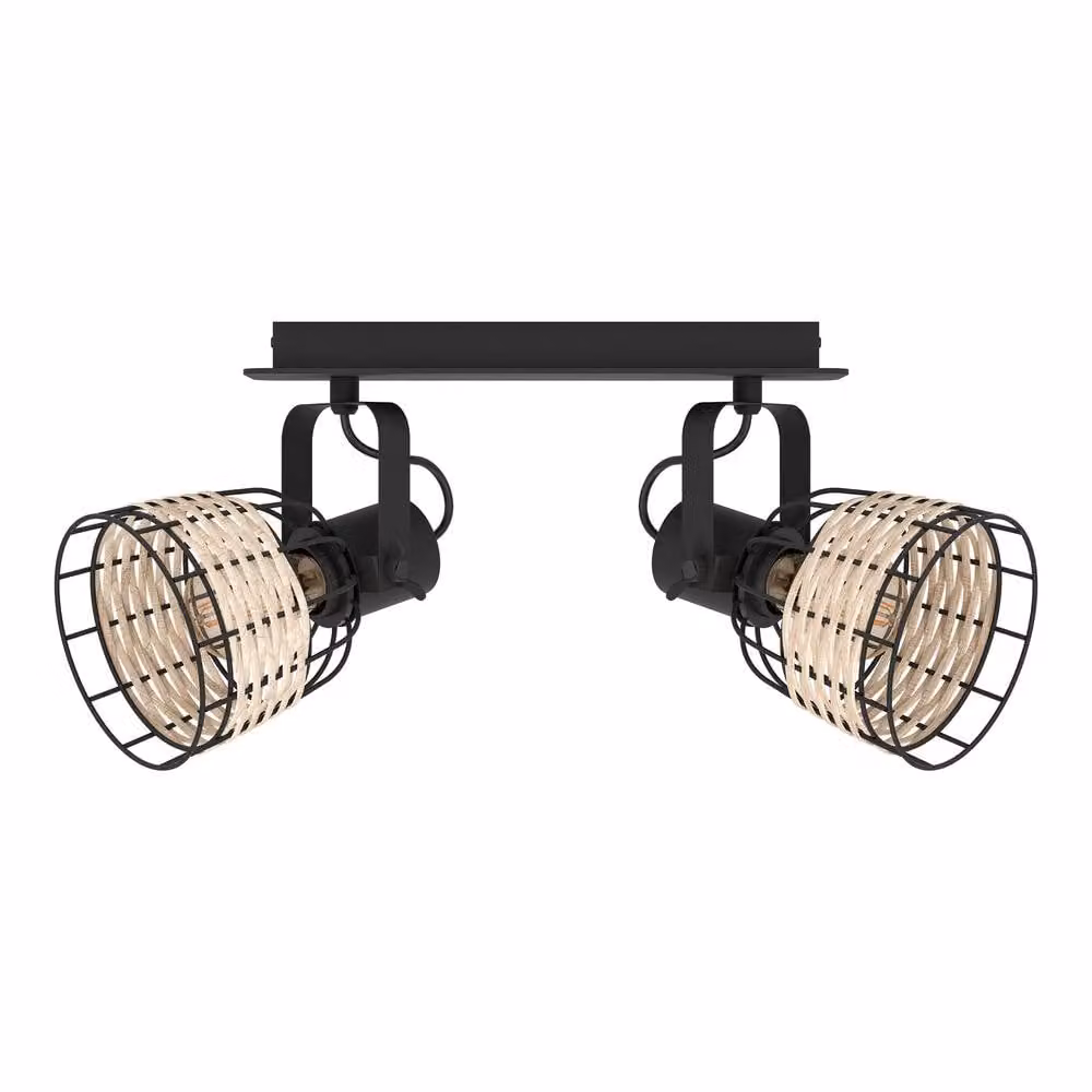 Eglo Anwick Rattan Ceiling Light Set of 2, Black and Wood Boho Style, E27 – 2