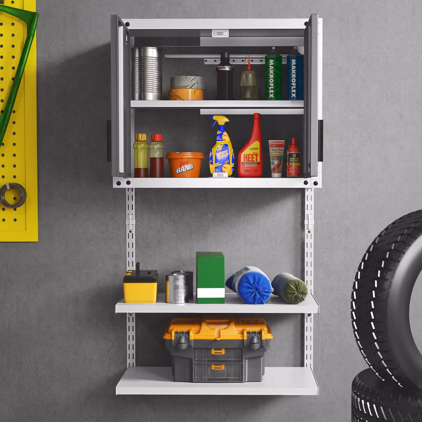 Gymax Grey Metal Wall Mounted Garage Hanging Tool Cabinet with Adjustable Shelves and Lockable Hinged Doors – 3