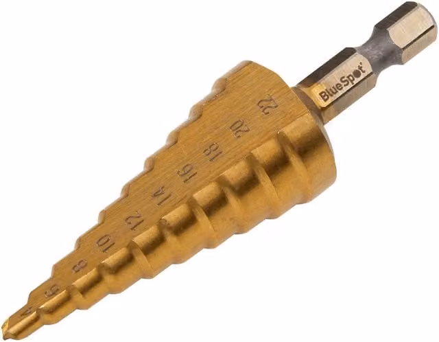Bluespot Tools HSS 1/4in Hex Shank Step Drill, 4-22mm, Gold and Multicolour