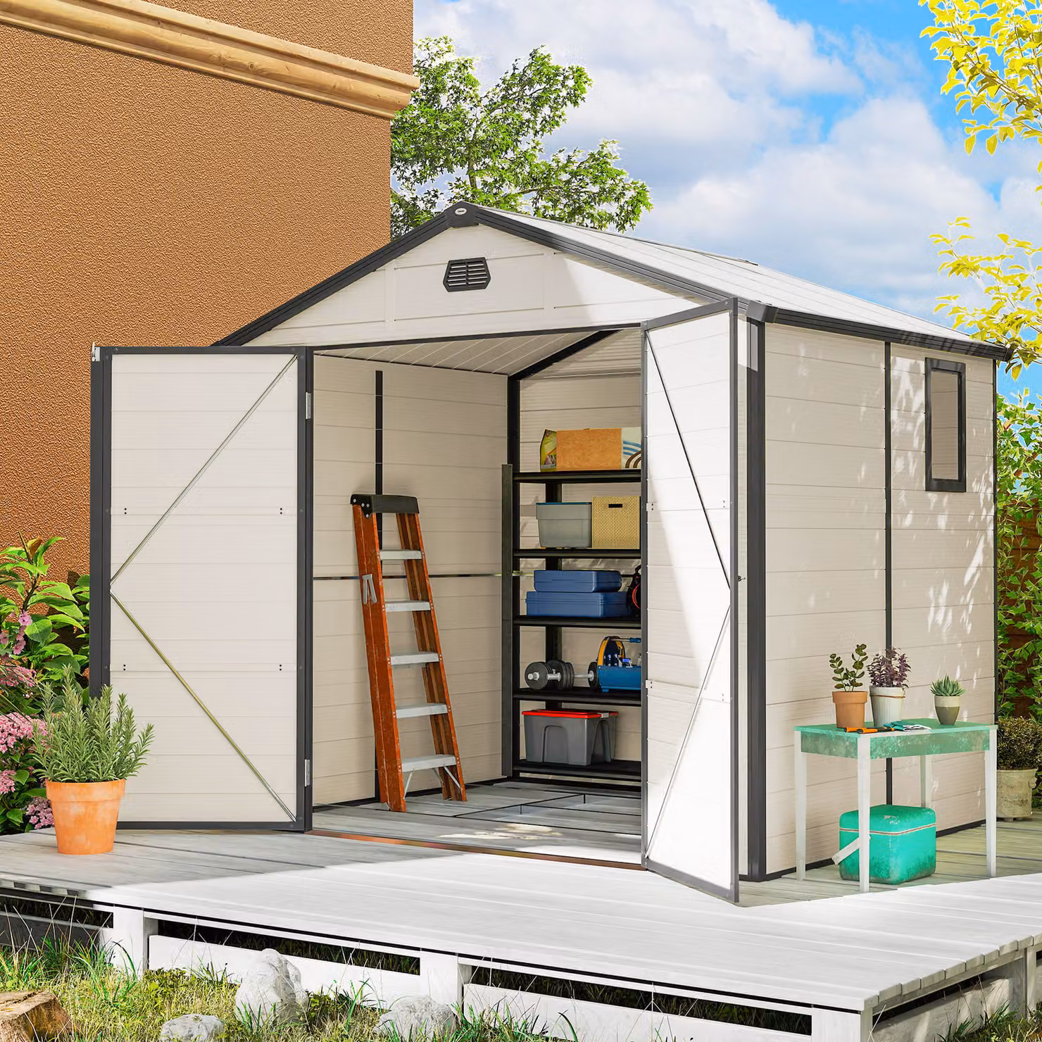 Outsunny Aluminium Frame and Plastic Wall Shed with Foundation and Window, Cream White, W: 240 cm, D: 188.72 cm, H: 228 cm – 2