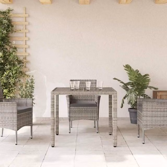 Berkfield Home Grey Poly Rattan Garden Table with Glass Top, W/D/H: 90 x 90 x 75 cm