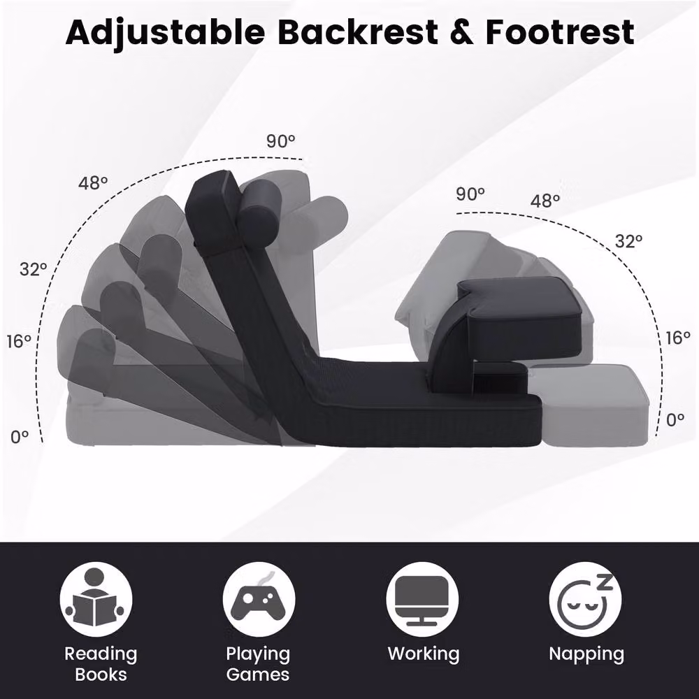 Gymax Adjustable Gaming Floor Chair with Tabletop, Black Upholstered Recliner Seat – 6