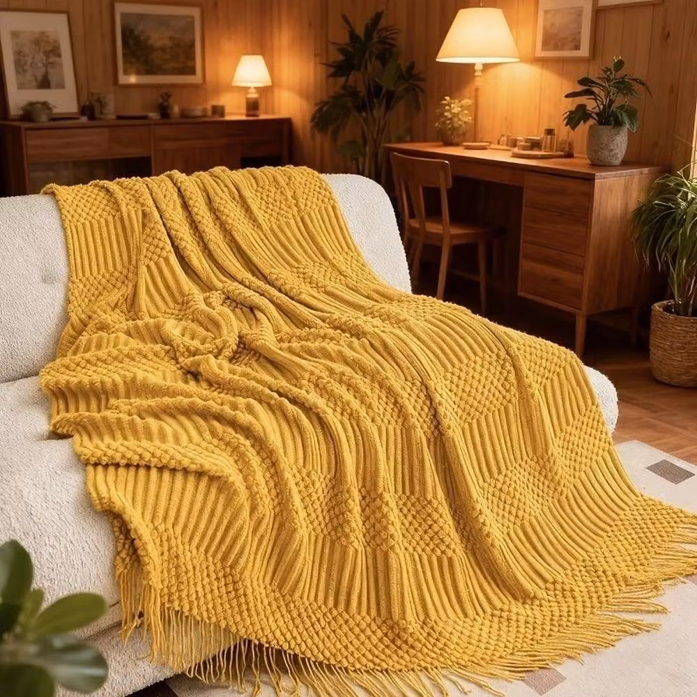 Pawnora Yellow Solid Knitted Throw Blanket, W: 130 cm, D: 150 cm – 2