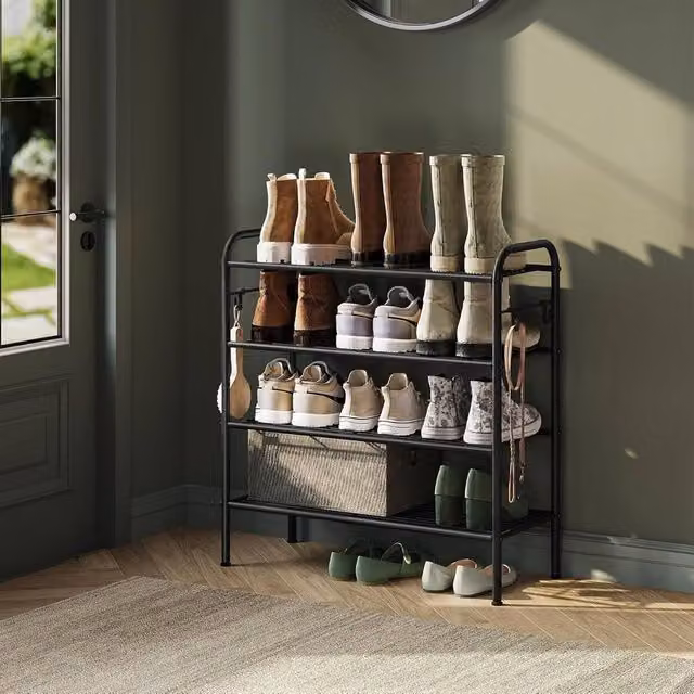 The Bazaarist 4 Tier Adjustable Metal Shoe Rack with Hooks in Matt Black – 1