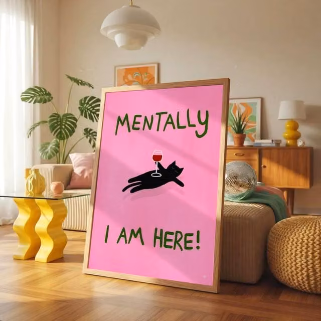 The Paper Tail Mentally I'm Here Cat Wall Print, Multicolour, W: 29.7 cm, H: 42.0 cm