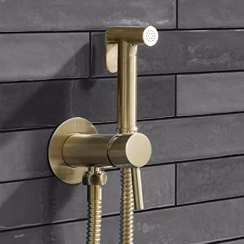 Nes Home Modern Round Bidet Douche Kit in Brushed Brass Gold with Shut Off Valve and Hose