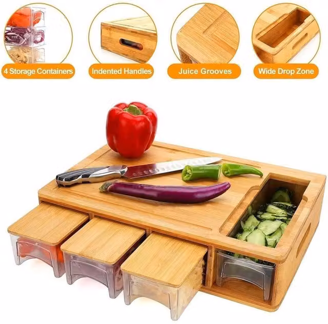 Kelvenix Brown Bamboo Cutting Board with 4 Containers and Groove