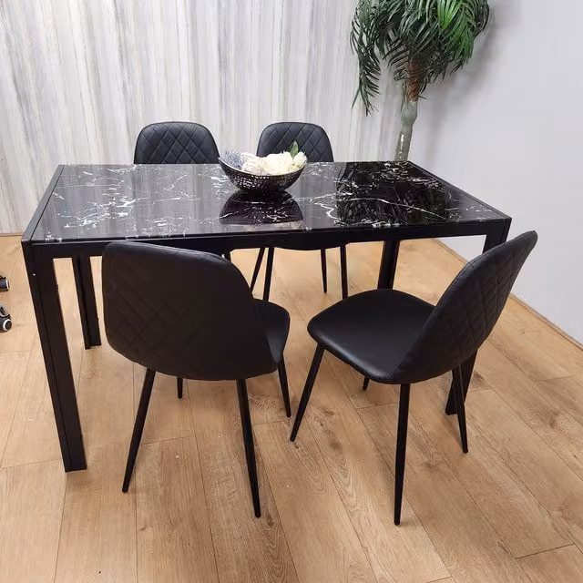 Kosy Koala Modern Rectangular Glass Dining Table and 4 Black Faux Leather Chairs Set