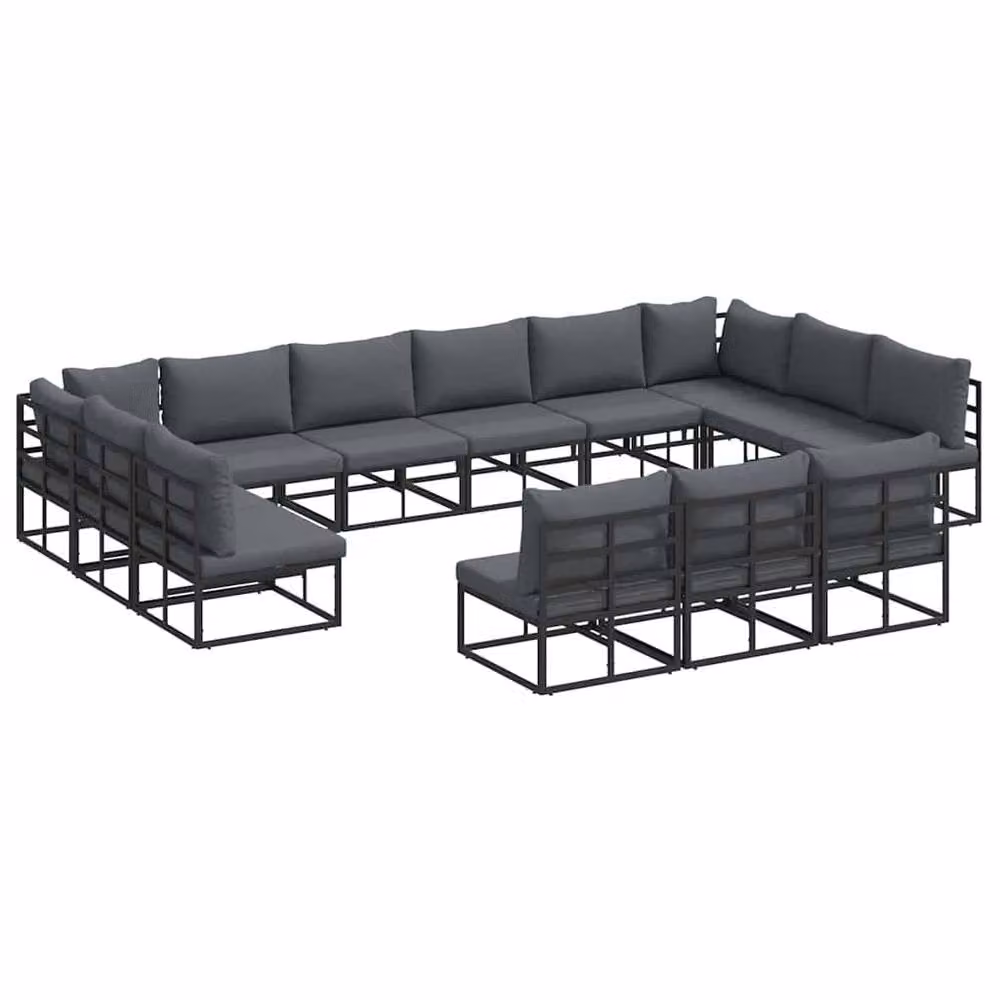 Berkfield Home 13 Piece U-Shape Garden Sofa Set with Grey Upholstered Cushions and Scatter Pillows in Black Powder Coated Aluminium – 3