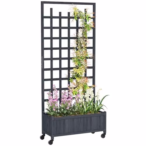 Outsunny Wooden Trellis Raised Garden Bed with Wheels, Grey, W/D/H: 186 x 54 x 35 cm