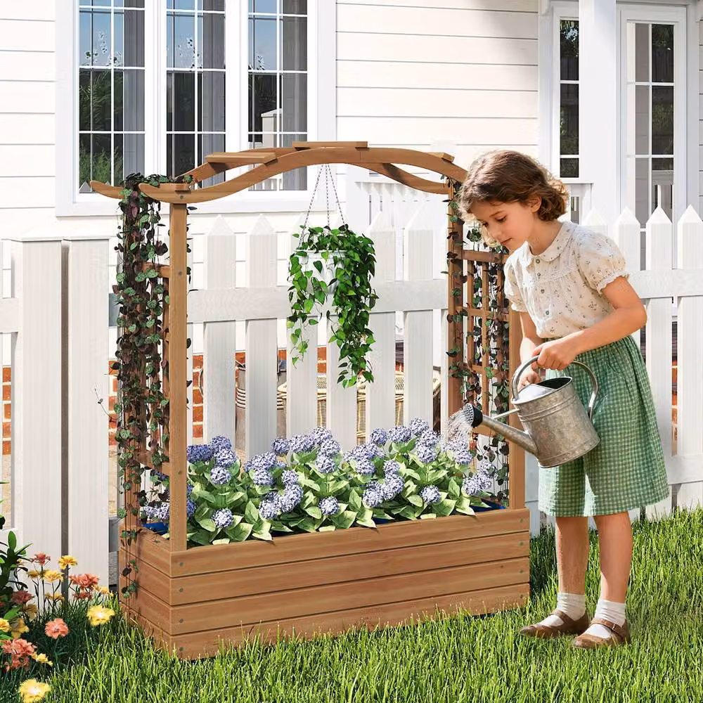 Gymax Solid Wood Raised Garden Bed with Trellis and Hanging Roof, Brown, W/D/H: 124 x 36 x 99 cm – 9