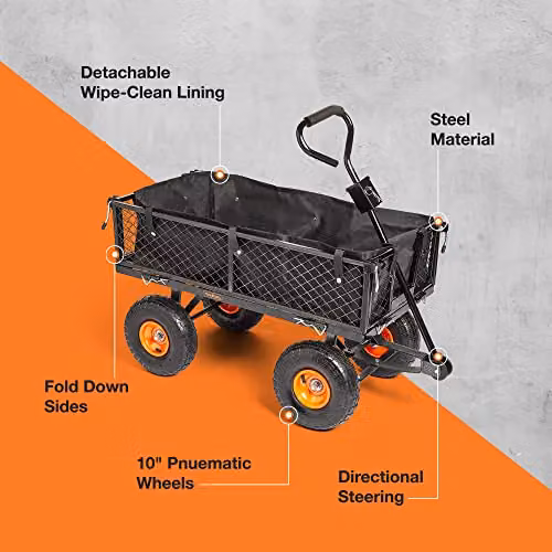 VonHaus Garden Utility Cart with Steel Frame and Wipe Clean Lining, Black – 5
