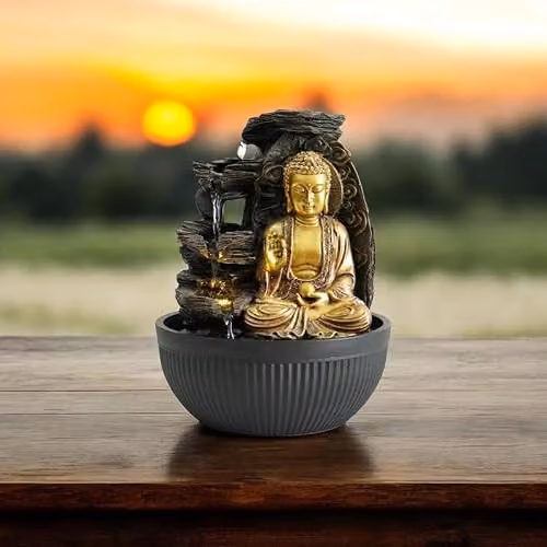 Buttercup Farm Minster Table-Top Ceramic Indoor Fountain with LED Light, Gold and Multicolour, W/D/H: 21 x 21 x 25 cm – 3