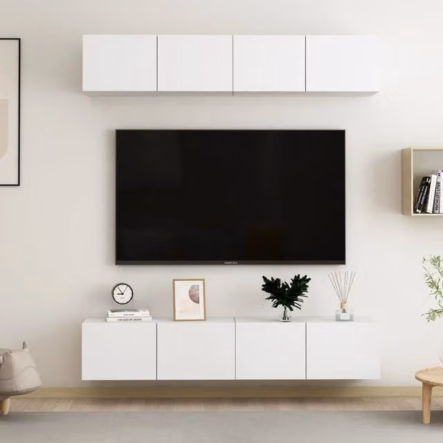 Berkfield Home Set of 4 White Wall Mounted TV Cabinets in Matt MDF, W/D/H: 80 x 30 x 30 cm