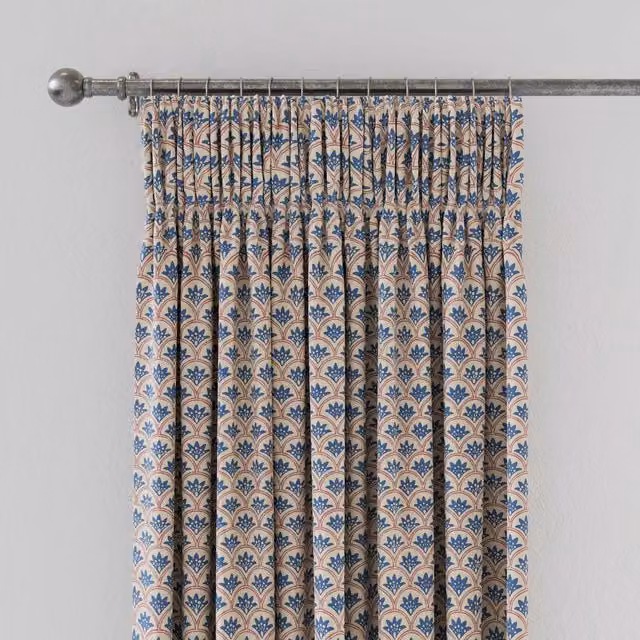 Land & Shore Dawn Graphic Lined Cotton Curtains, Blue and Red, W: 228.6 cm, H: 182.88 cm