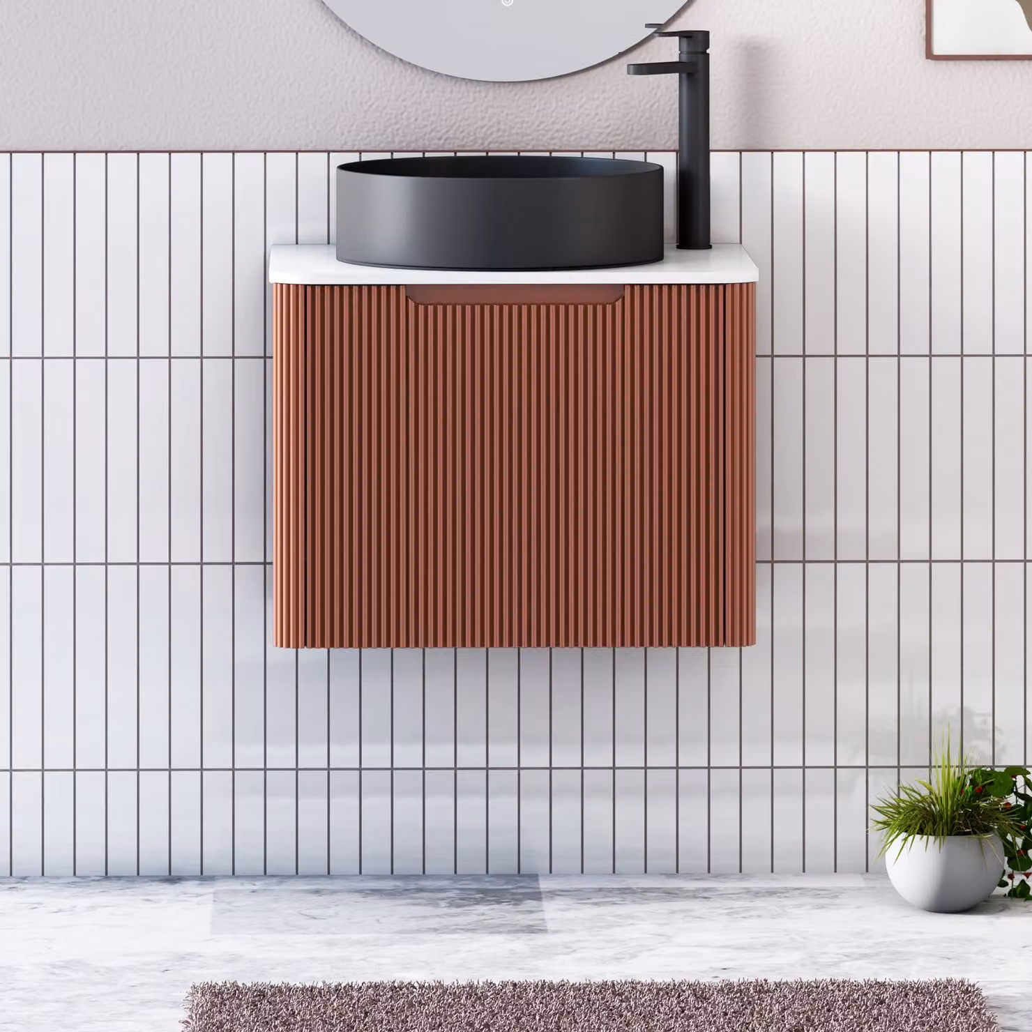Royal Bathrooms Avenza 600mm Terracotta Clay Wall Hung Vanity Unit with Plain White Worktop and Art Round Black Basin