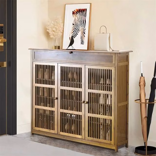 NESTLUNE Mid-Century Wooden 4-Tier 3-Door Shoe Cabinet in Brown, W: 100 cm, D: 15 cm, H: 16 cm – 1