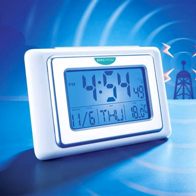 Bergstrom Battery-Operated Atomic Digital Clock with Date, Day and Temperature in White
