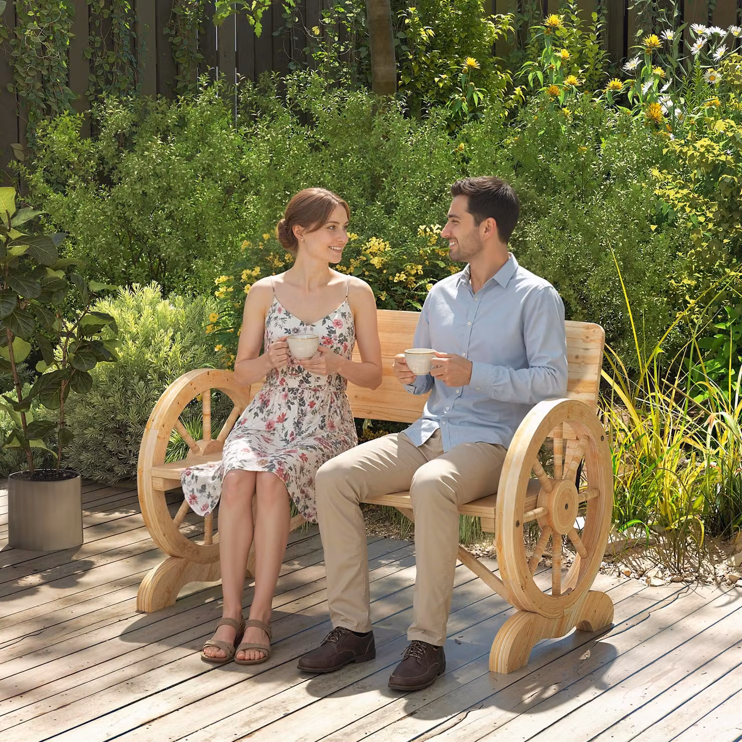 Outsunny 2-Seater Outdoor Garden Wagon Wheel Bench in Brown Rustic Wood Finish – 7