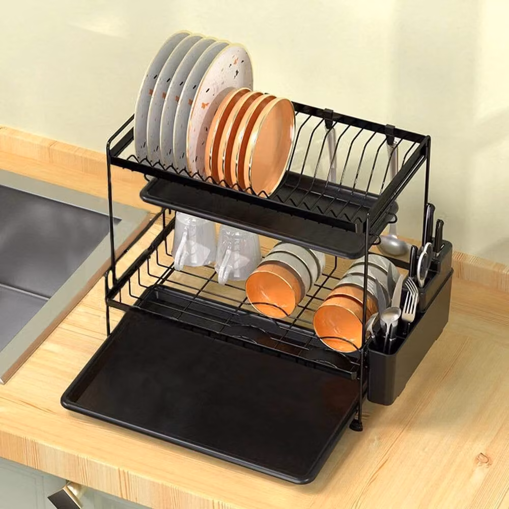FORGEVIO 2 Tier Kitchen Sink Dish Drainer Rack with Drip Tray, Black – 4