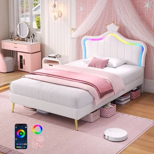 Rolipo Double Upholstered Bed Frame with LED Crown Headboard in White