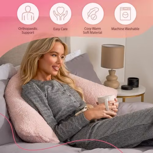 OHS Teddy Fleece V Shaped Pregnancy Pillow in Pink, W/D/H: 68 x 45 x 18 cm – 2