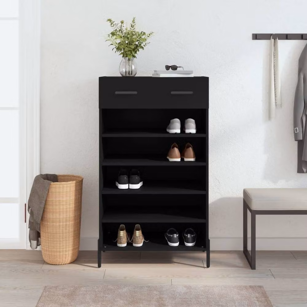 Berkfield Home Modern Black Shoe Cabinet with Hinged Doors and Open Shelf, W/D/H: 60 x 35 x 105 cm – 2