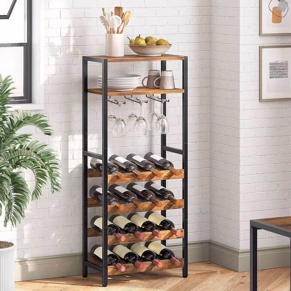 KORVIXA Modern Brown MDF Wine Rack Display Storage Shelves W/H: 100 x 100 cm – 4
