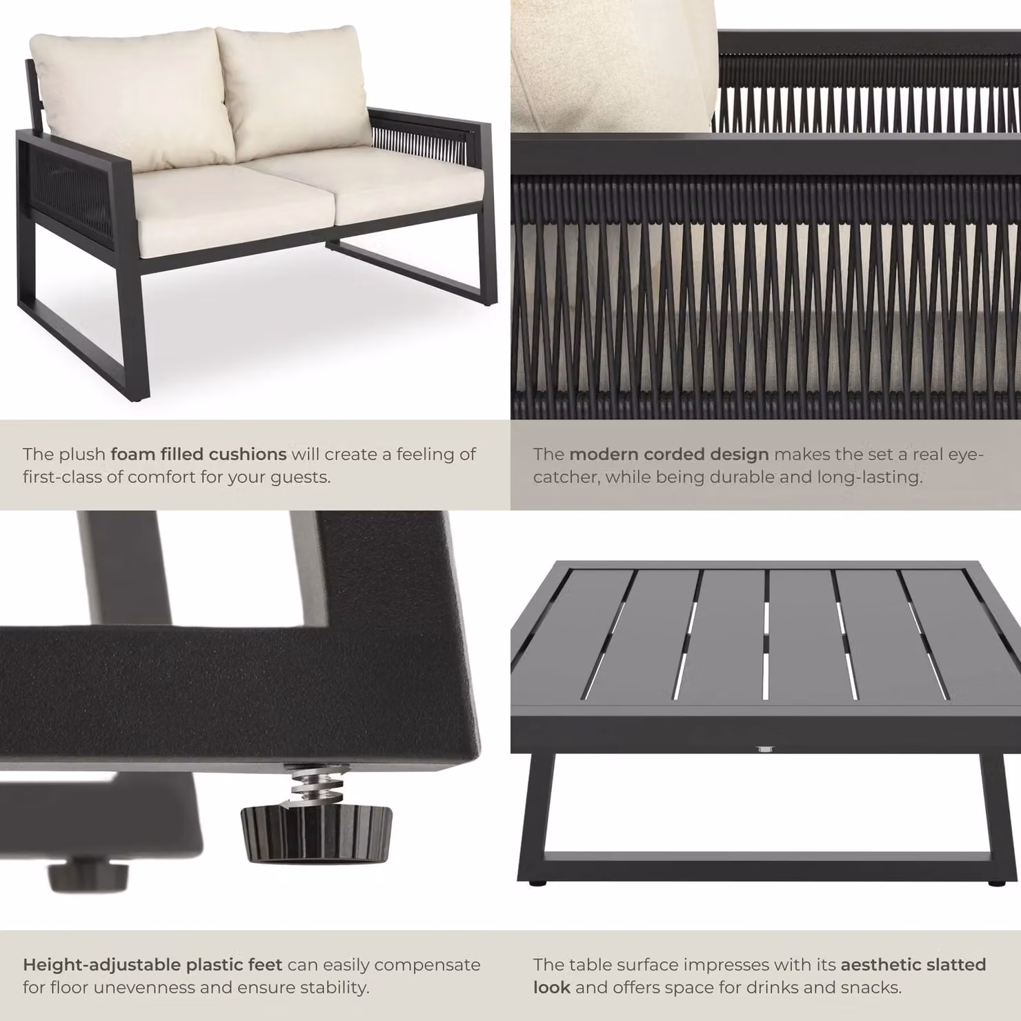 tectake Captive 2-Seater Garden Lounge Set with Coffee Table in Anthracite Grey, Powder Coated Aluminium and Cord Design – 5