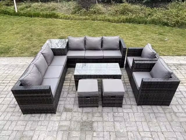 Fimous 10 Seater Rattan Corner Sofa Set with Square Side Table, Oblong Coffee Table and Armchairs in Dark Grey