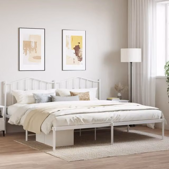 Berkfield Home Metal Bed Frame with Headboard, White, W: 193 cm, D: 203 cm