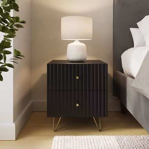 GFW Thalia 2 Drawer Bedside Table with Ribbed Front and Brass Hairpin Legs in Black, W/D/H: 40 x 40 x 46.5 cm – 1