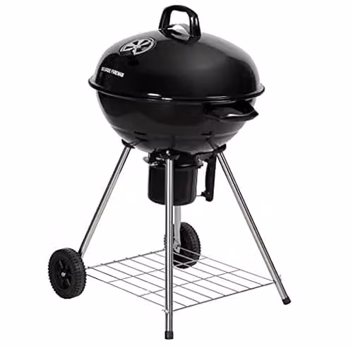 George Foreman Portable Charcoal Kettle BBQ in Black and Silver with Integrated Thermometer and Wheels, W/D/H: 60 x 51 x 90 cm