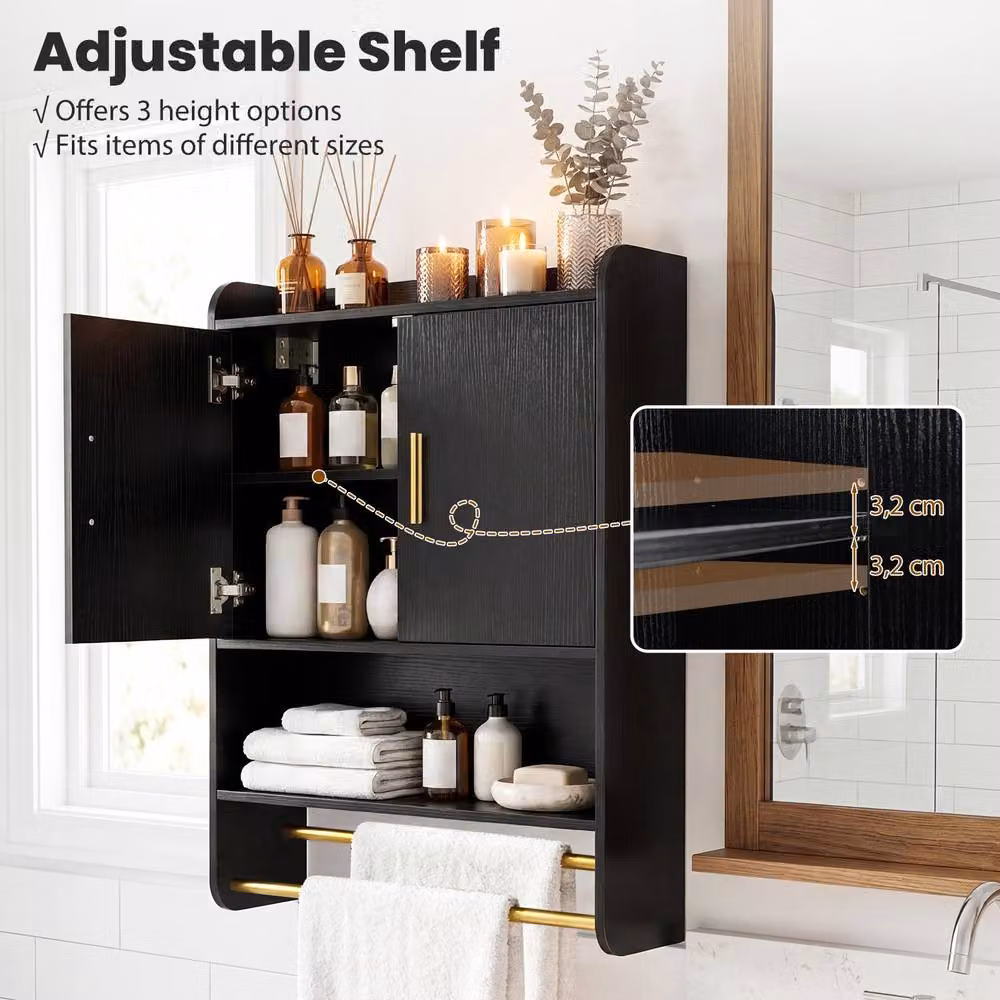 Costway Modern Wall Mounted Black Bathroom Medicine Cabinet with Mirror and Internal Shelves – 7