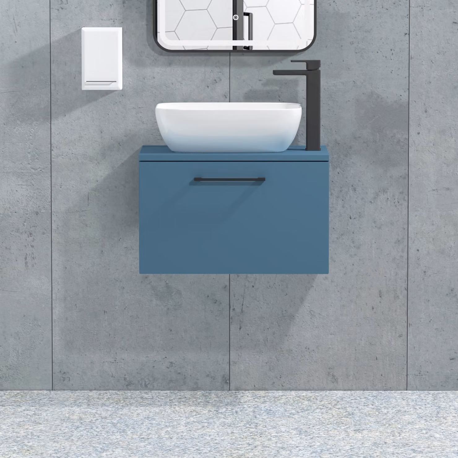 Elva Modena 800mm Wall Hung Vanity Unit in Satin Blue with Matt Black Handle and Countertop Basin by Royal Bathrooms