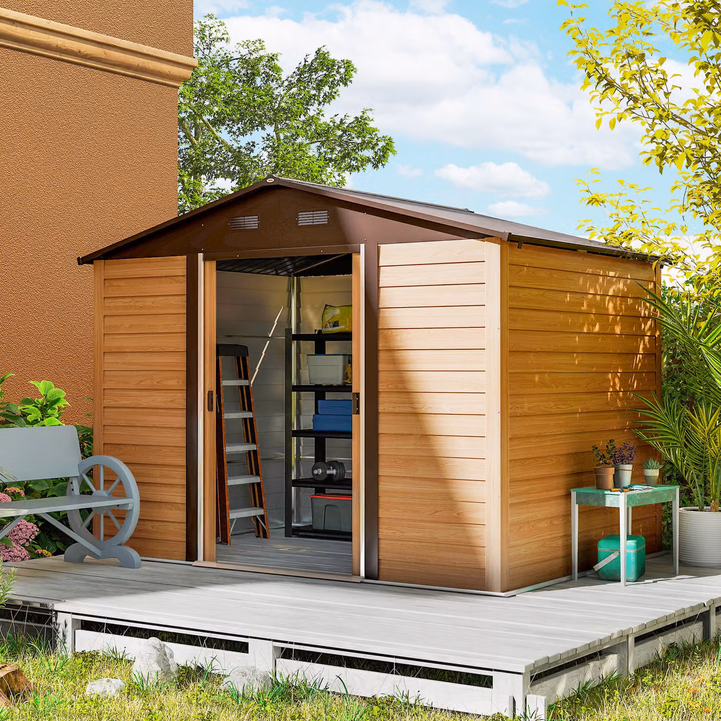 Outsunny Brown Wood-Effect Galvanised Steel Shed with Sliding Doors and Side Vent, W: 275.8 cm, D: 183.0 cm, H: 183.0 cm – 2