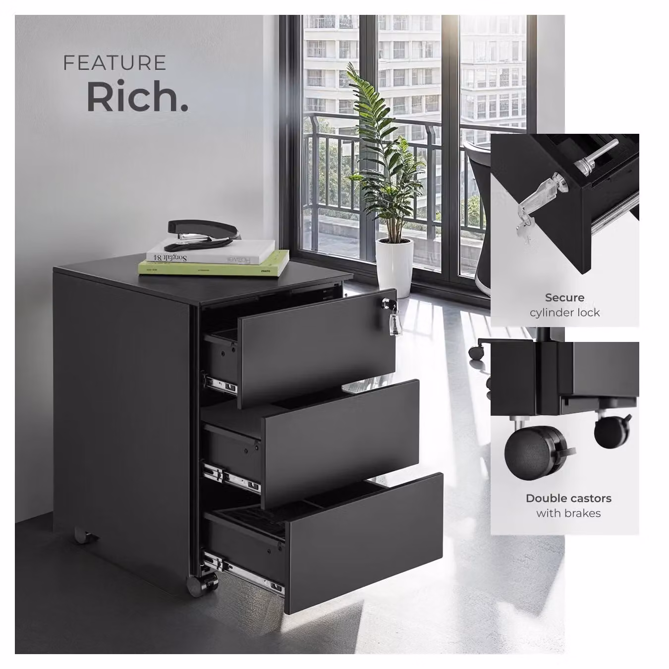 tectake Magna Modern Black Metal Chest of Drawers with Lock and Castors – 4