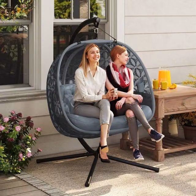 OUTSUNNY Double Hanging Swing Chair with Stand and Cup Holders, Charcoal Grey