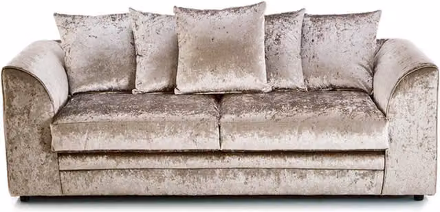 Furniture786Ltd Swift 3 Seater Crushed Velvet Sofa in Champagne Beige and Gold with Scatter Cushions