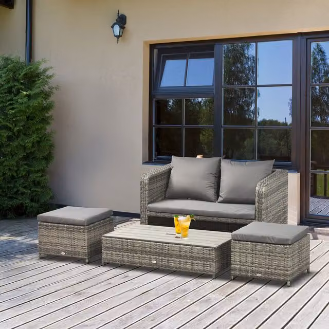 Outsunny 4 Piece Grey Wicker Conversation Patio Sofa Set with Upholstered Cushions and Powder Coated Steel Frame