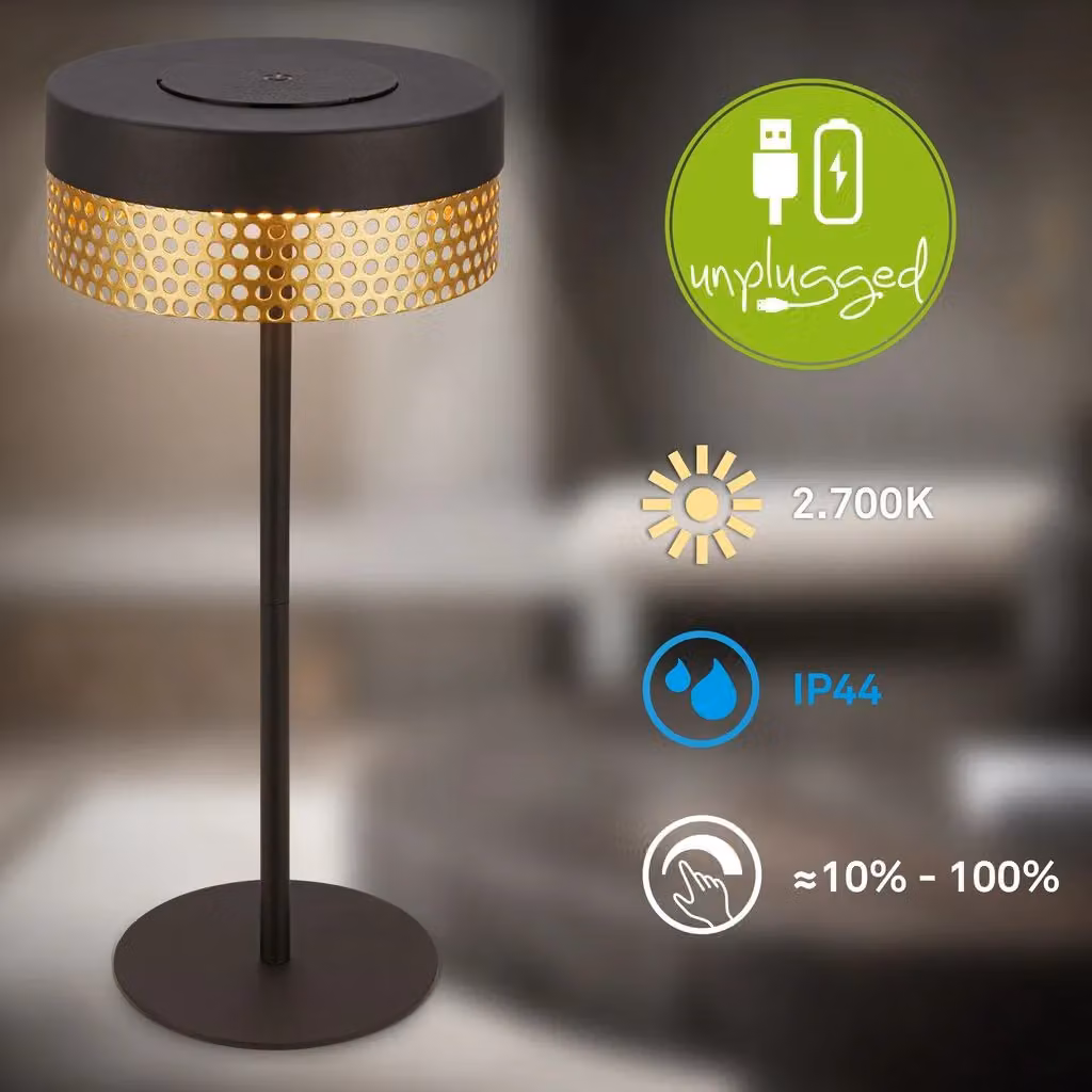 Briloner Rechargeable LED Table Lamp, Dimmable Touch Control, Black and Gold, H 35 cm x W 16 cm x D 16 cm – 2