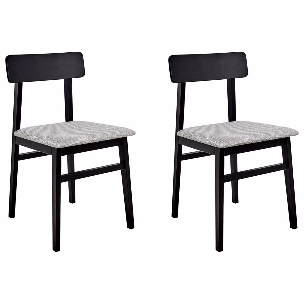 Wyld and Coco Set of 2 Retro Dining Chairs with Black Rubberwood Frame and Light Grey Fabric Seats – 2